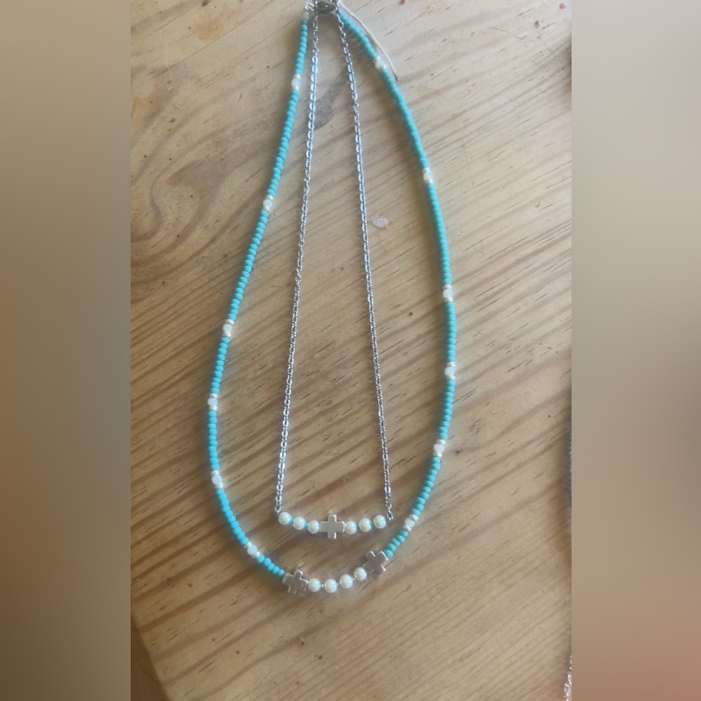 Turquoise and Silver Necklaces with Cross Accents